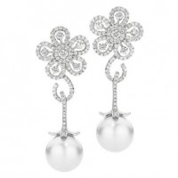 Pearl and Diamond Flower Drop Earrings