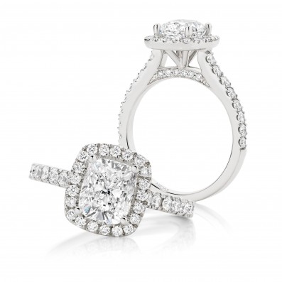 Cushion Cut with seamless claw set halo and Pavé gallery
